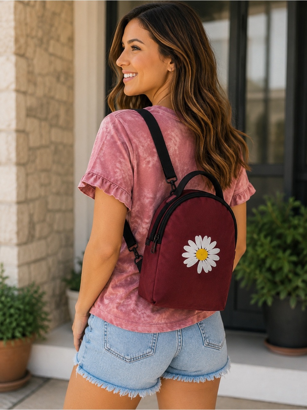 Red & Black Canvas Daisy Floral Mini Sling Bag Crossbody Backpack 3 Zip Pockets